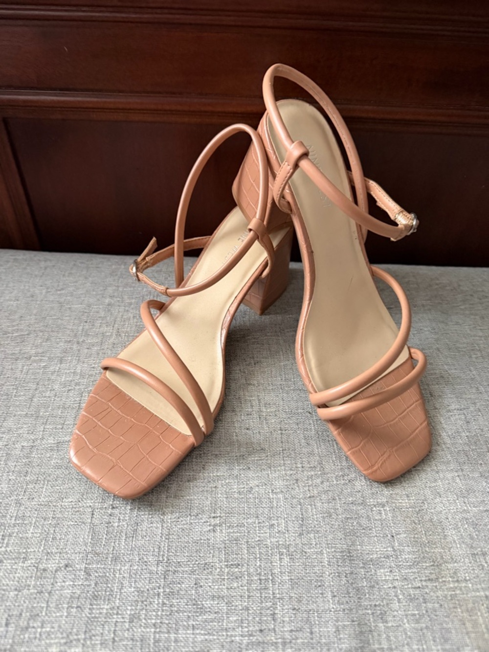 Nine West Croc-Texture Strappy Block Heel Sandals - Tan